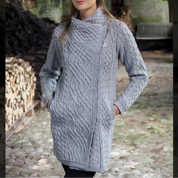 Aran Sweater Market Merino Wool Cable Knit Side-Zip Sweater Tunic Gray Large GUC - Picture 1 of 16